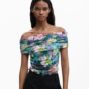Medium - NWOT - Desigual - Floral Sheer Off Shoulder Floral Top